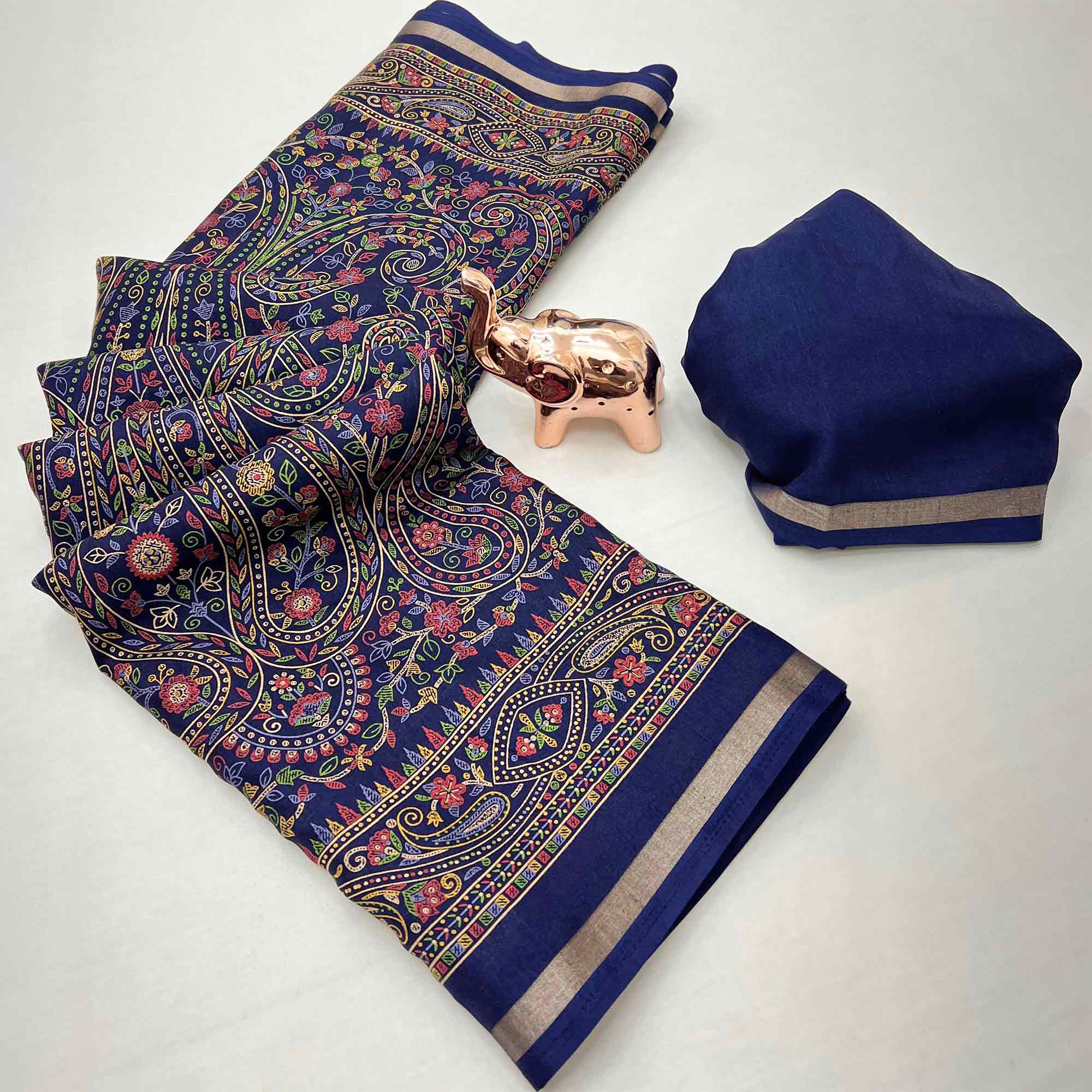 Navy Blue Floral Printed Dola Kashmiri Dola Silk Saree Highlighted With Rich Golden Zari Border