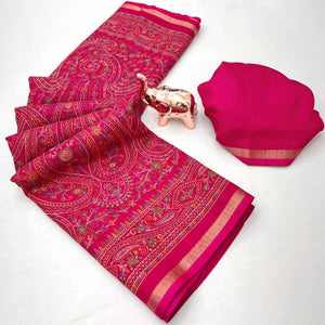 Pink Floral Printed Dola Kashmiri Dola Silk Saree Highlighted With Rich Golden Zari Border
