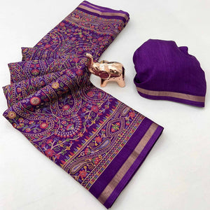 Purple Floral Printed Dola Kashmiri Dola Silk Saree Highlighted With Rich Golden Zari Border