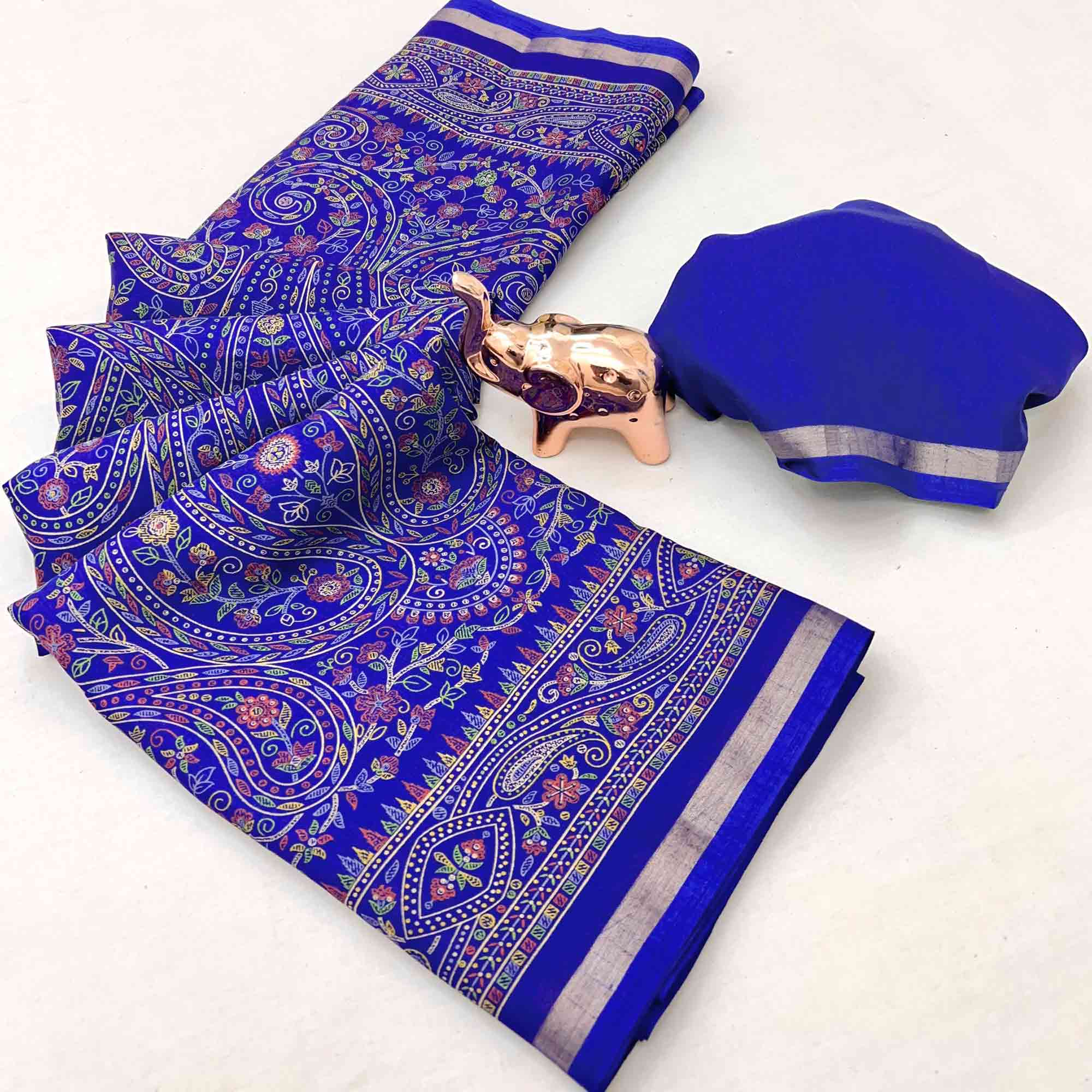 Royal Blue Floral Printed Dola Kashmiri Dola Silk Saree Highlighted With Rich Golden Zari Border
