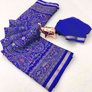 Royal Blue Floral Printed Dola Kashmiri Dola Silk Saree Highlighted With Rich Golden Zari Border