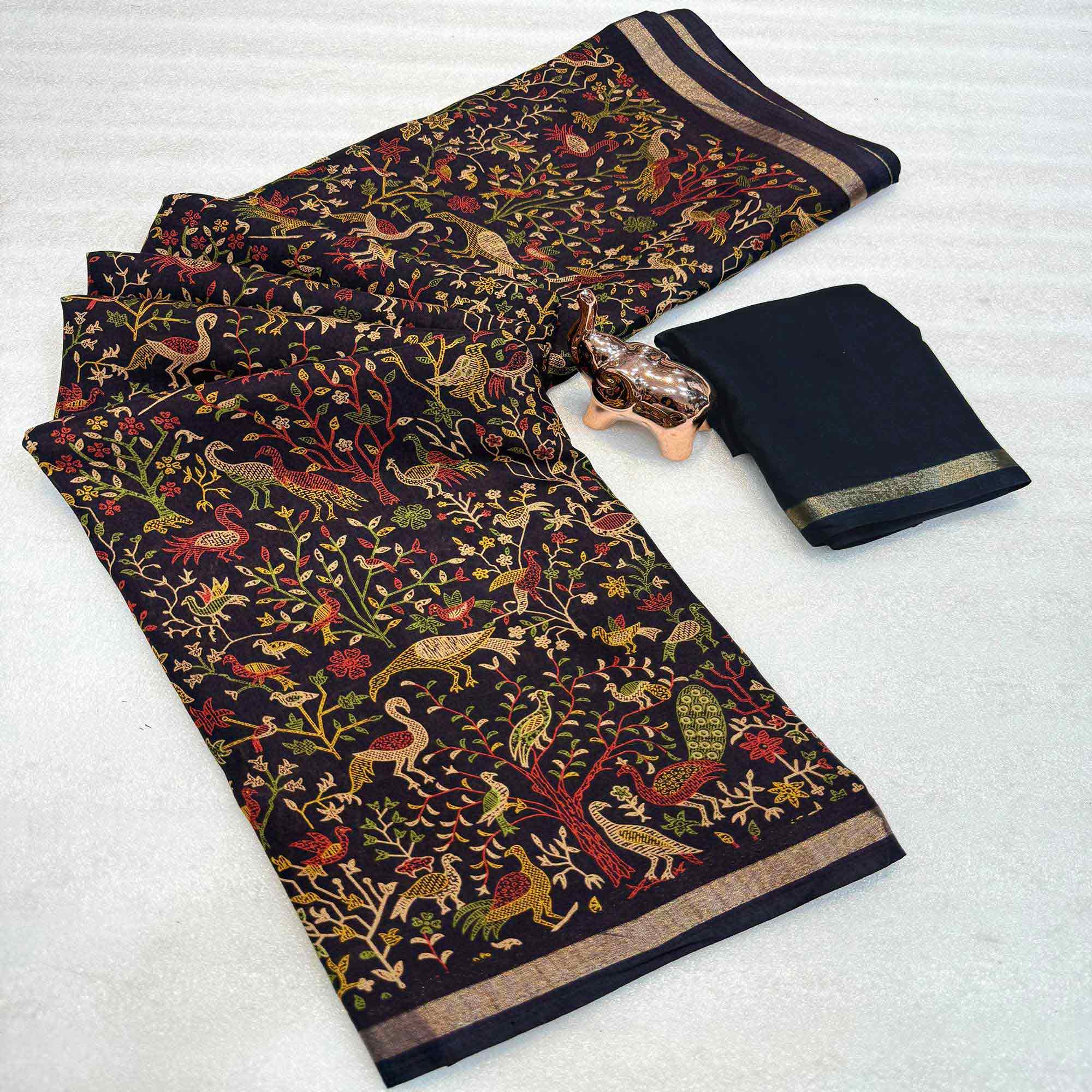 Black Tussar Silk Blend Saree with Intricate Floral & Bird Kashmiri Print & Elegant Zari Border