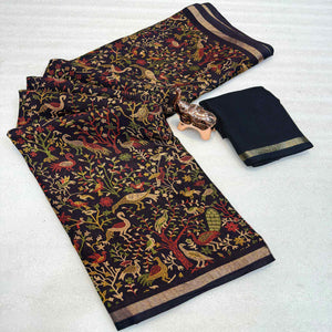 Black Tussar Silk Blend Saree with Intricate Floral & Bird Kashmiri Print & Elegant Zari Border