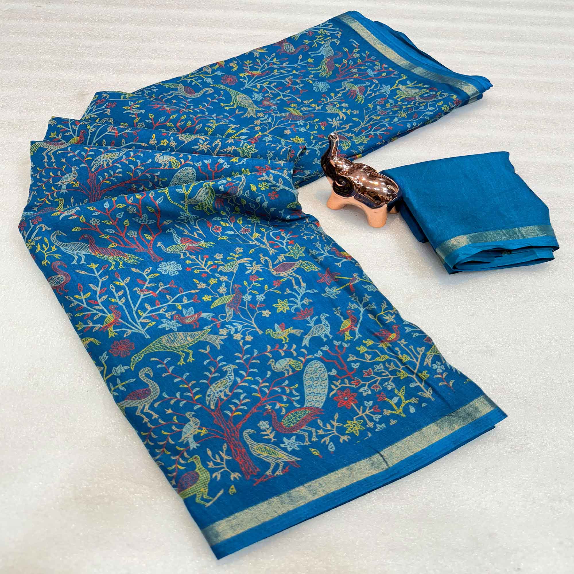 Blue Tussar Silk Blend Saree with Intricate Floral & Bird Kashmiri Print & Elegant Zari Border