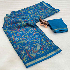 Blue Tussar Silk Blend Saree with Intricate Floral & Bird Kashmiri Print & Elegant Zari Border