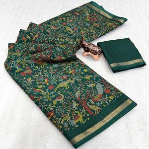 Green Tussar Silk Blend Saree with Intricate Floral & Bird Kashmiri Print & Elegant Zari Border