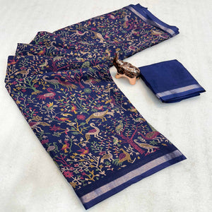 Navy Blue Tussar Silk Blend Saree with Intricate Floral & Bird Kashmiri Print & Elegant Zari Border