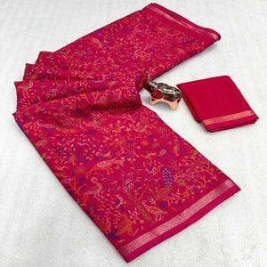 Pink Tussar Silk Blend Saree with Intricate Floral & Bird Kashmiri Print & Elegant Zari Border