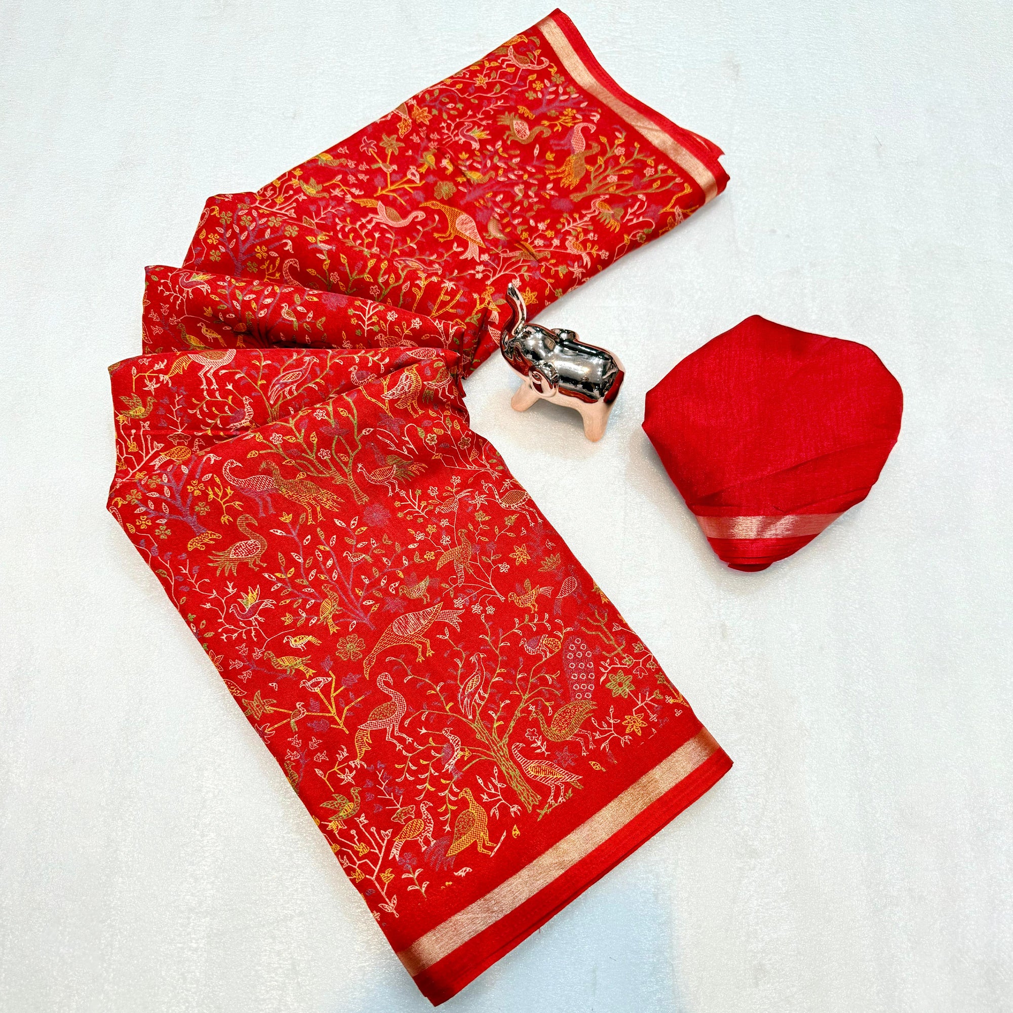 Red Tussar Silk Blend Saree with Intricate Floral & Bird Kashmiri Print & Zari Border