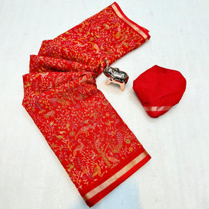 Red Tussar Silk Blend Saree with Intricate Floral & Bird Kashmiri Print & Zari Border