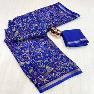 Royal Blue Tussar Silk Blend Saree with Intricate Floral & Bird Kashmiri Print & Zari Border