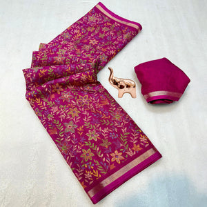 Pink Kashmiri Inspired Floral Printed Tussar Silk Saree for Ethnic Occasions