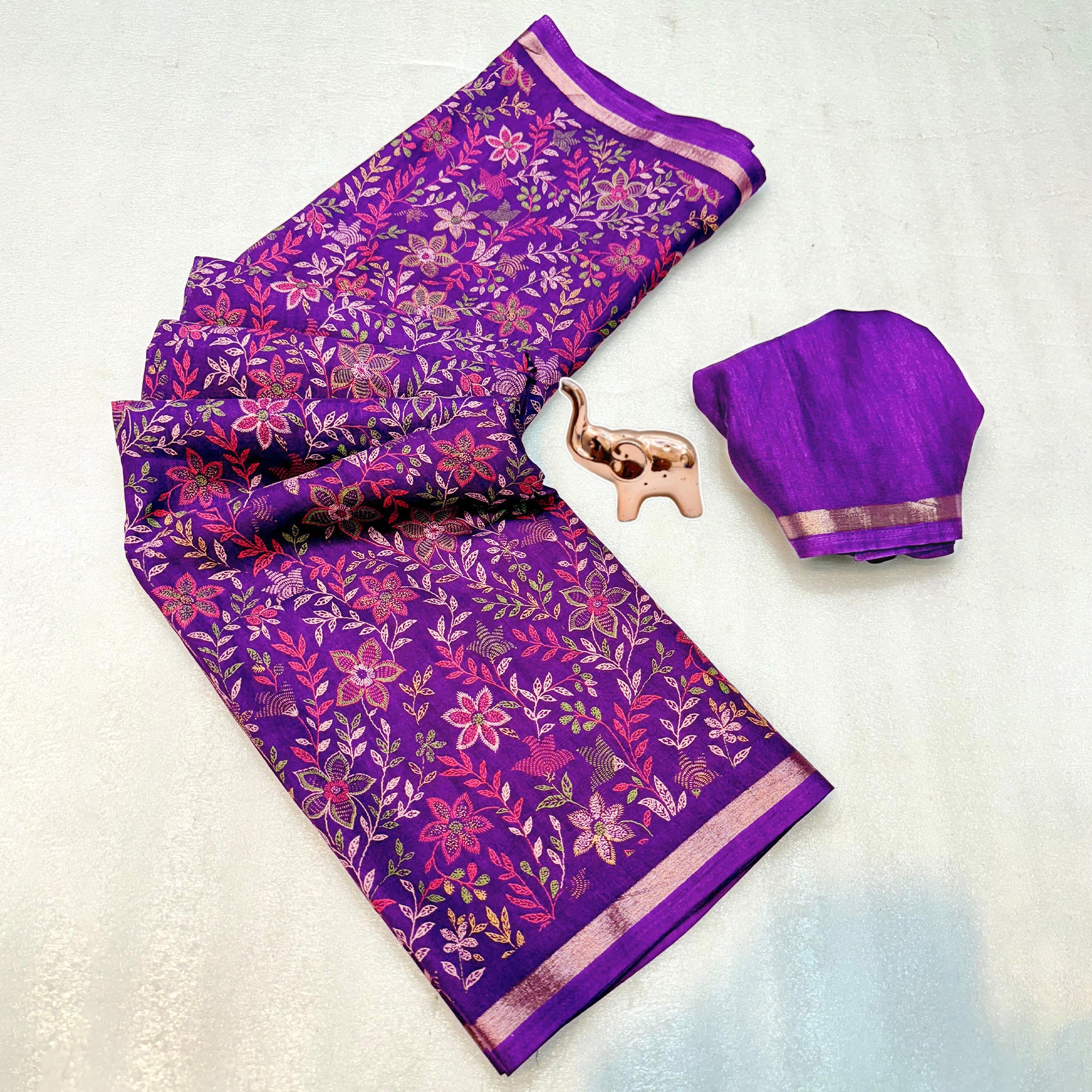 Purple Kashmiri Inspired Floral Printed Tussar Silk Saree for Ethnic Occasions