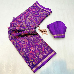 Purple Kashmiri Inspired Floral Printed Tussar Silk Saree for Ethnic Occasions