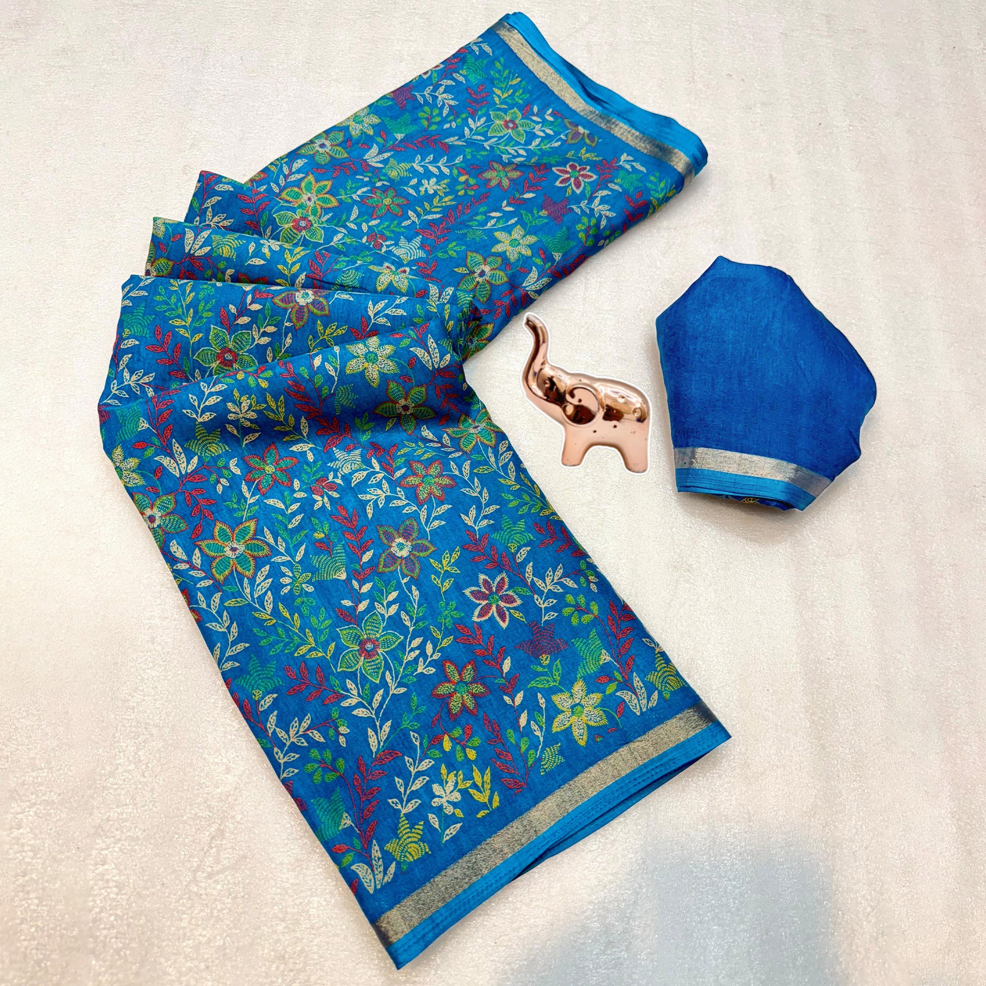 Teal Kashmiri Inspired Floral Printed Tussar Silk Saree for Ethnic Occasions