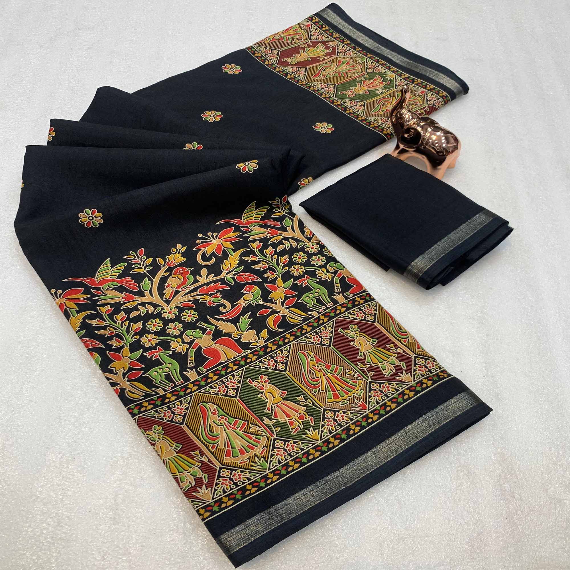 Black Cotton Blend Saree with Ethnic Kashmiri Inspired Paisley Design