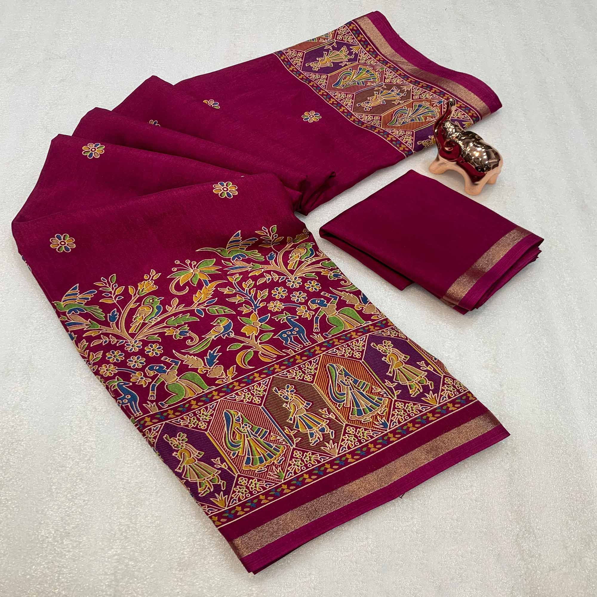 Magenta Cotton Blend Saree with Ethnic Kashmiri Inspired Paisley Design
