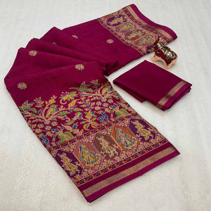 Magenta Cotton Blend Saree with Ethnic Kashmiri Inspired Paisley Design