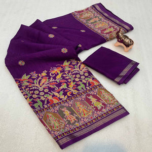 Purple Cotton Blend Saree with Ethnic Kashmiri Inspired Paisley Design