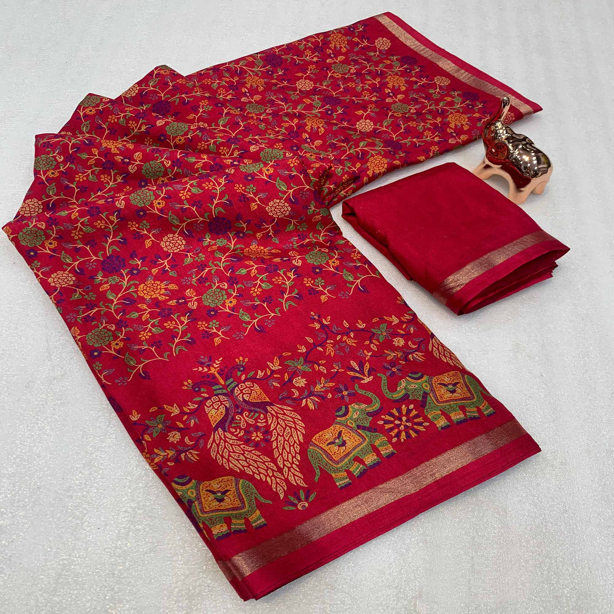 Pink Floral Printed Tussar Silk Blend Saree Accentuated With Rich Zari Border Work