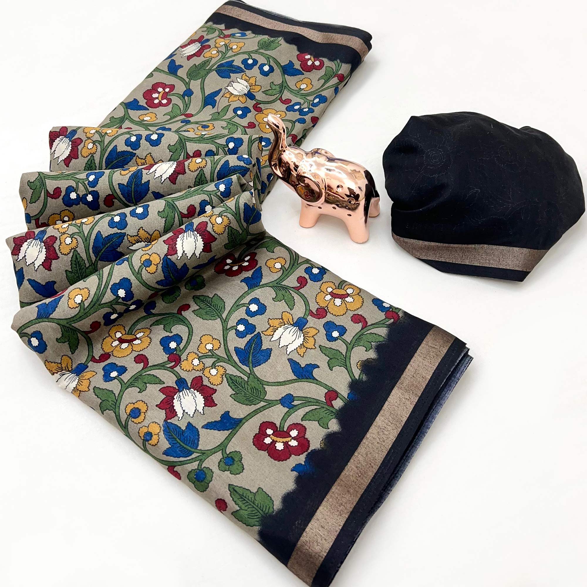 Beige Floral Printed Tussar Silk Blend Saree Enhanced With Intricate Zari Border Work