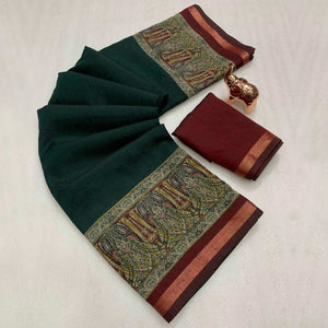 Green Solid Maheshwari Silk Blend Saree Adorned With Ajrakh Print & Two Tone Finish