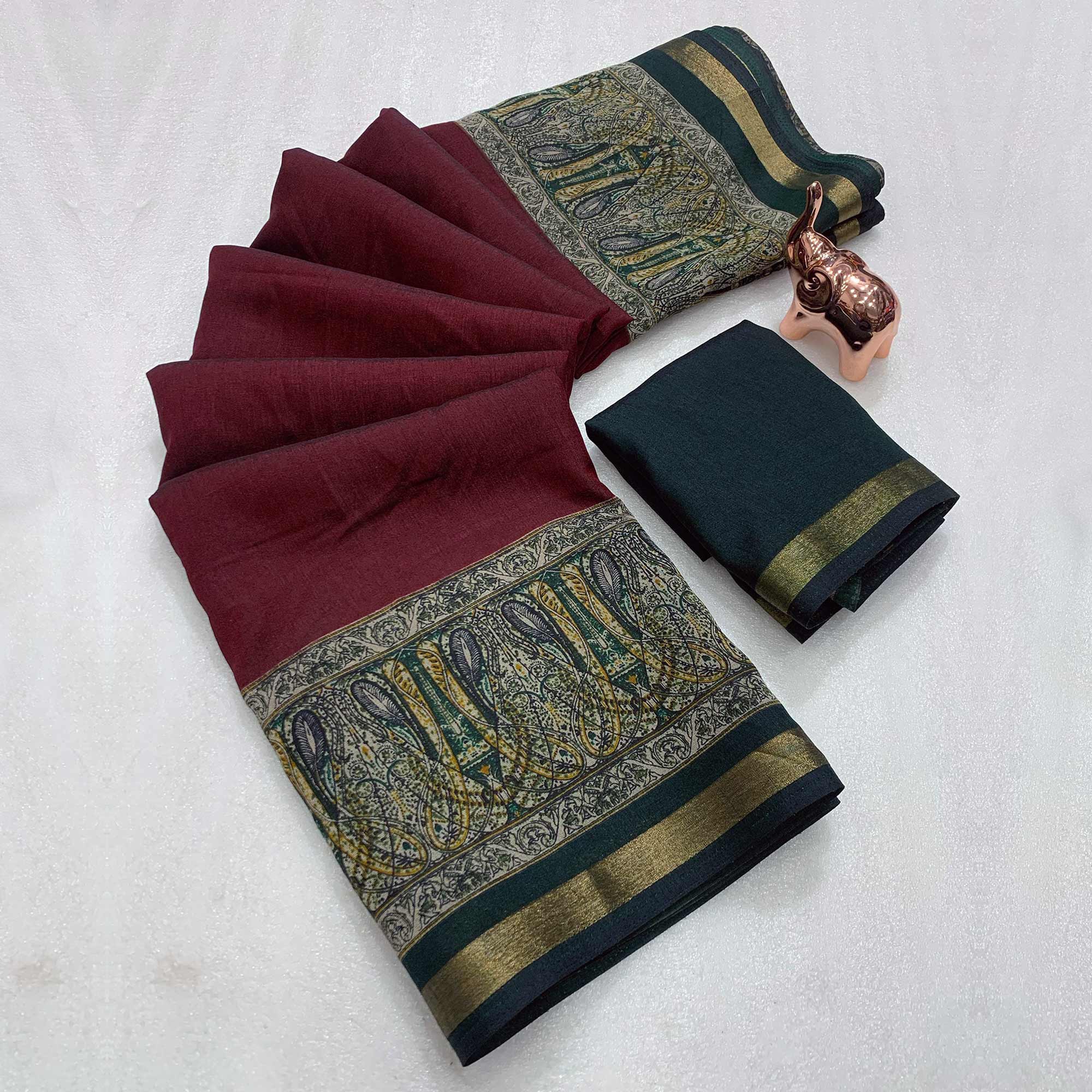 Maroon Solid Maheshwari Silk Blend Saree Adorned With Ajrakh Print & Two Tone Finish