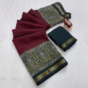 Maroon Solid Maheshwari Silk Blend Saree Adorned With Ajrakh Print & Two Tone Finish