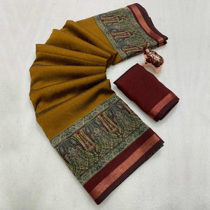 Mustard Solid Maheshwari Silk Blend Saree Adorned With Ajrakh Print & Two Tone Finish