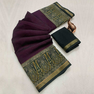 Wine Solid Maheshwari Silk Blend Saree Adorned With Ajrakh Print & Two Tone Finish