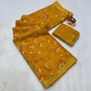 Mustard Maheshwari Silk Blend Saree Adorned With Elegant Floral Print & Two Tone Finish