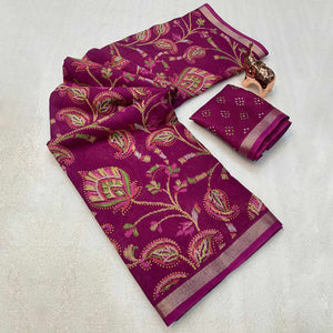 Wine Maheshwari Silk Blend Saree Adorned With Elegant Floral Print & Two Tone Finish