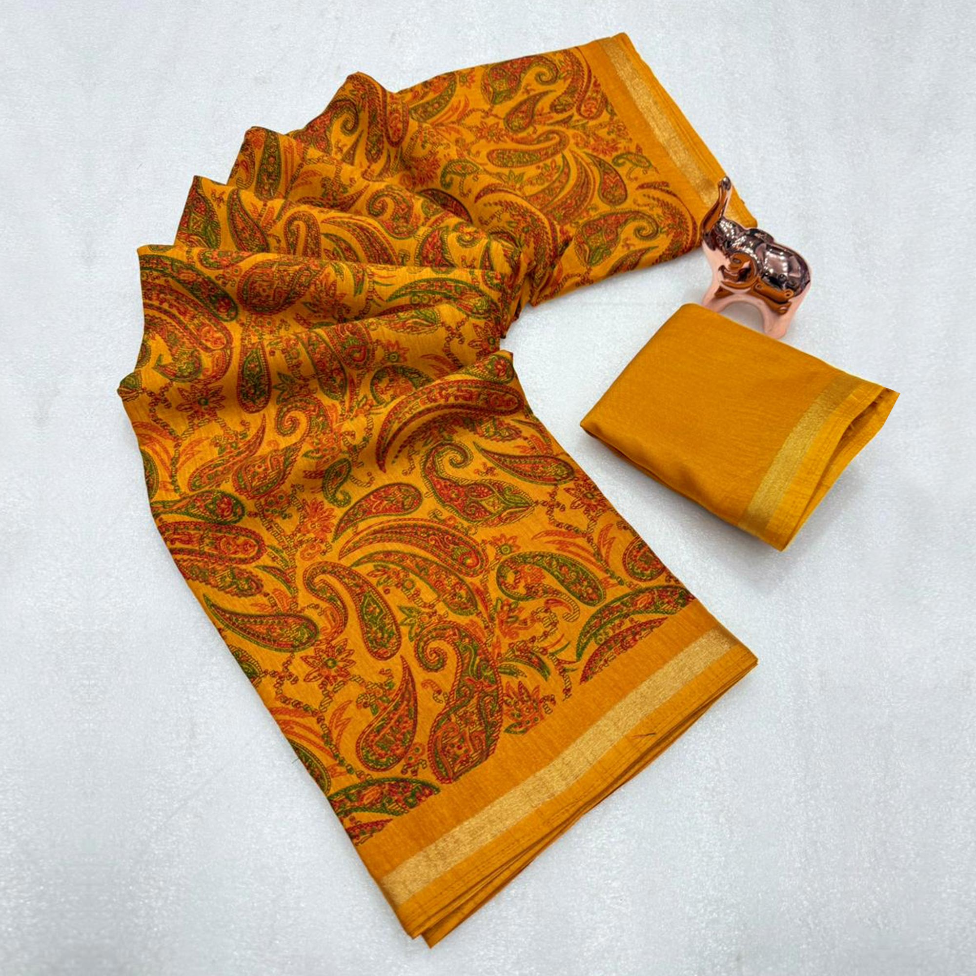 Mustard Cotton Blend Saree with Ethnic Kashmiri-Inspired Paisley Design