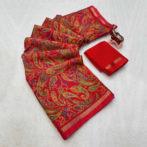 Red Cotton Blend Saree with Ethnic Kashmiri-Inspired Paisley Design