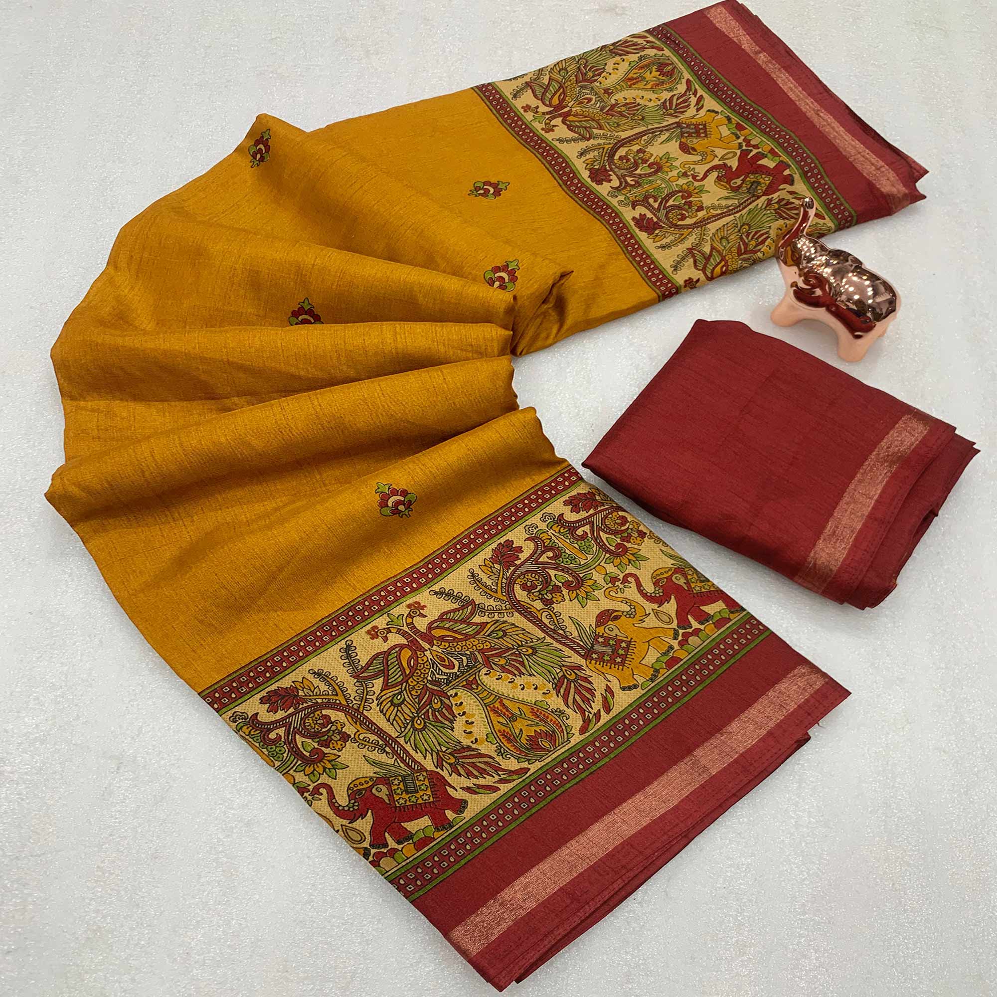 Mustard Cotton Blend Saree with Ethnic Kashmiri-Inspired Paisley Design