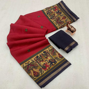 Red Cotton Blend Saree with Ethnic Kashmiri-Inspired Paisley Design