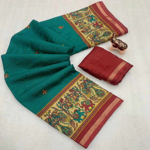 Teal Cotton Blend Saree with Ethnic Kashmiri-Inspired Paisley Design