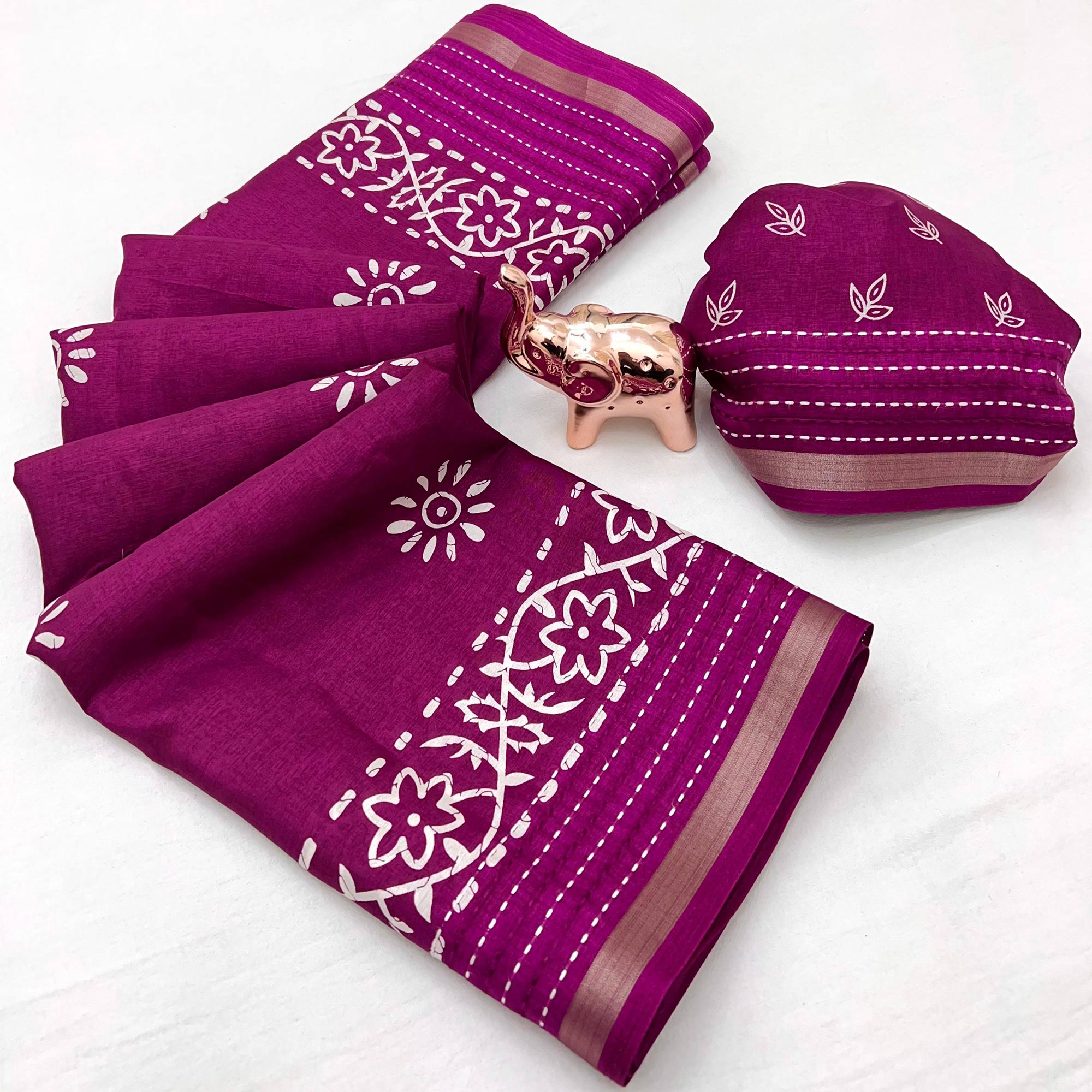 Dark Magenta Floral Printed Cotton Crepe Saree With Katha & Zari Border