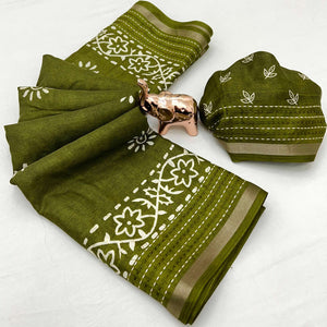 Green Floral Printed Cotton Crepe Saree With Katha & Zari Border