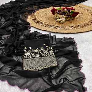 Black Solid Georgette Saree With Embroidered Border