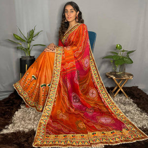 Orange & Pink Bandhani Printed Chiffon Half & Half Saree