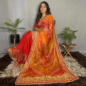Red & Orange Bandhani Printed Chiffon Half & Half Saree