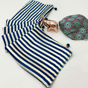 Luxe Partywear Saree in Blue Satin with Modern Striped Print and Flowing Drape