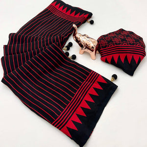 Black Satin Saree with All-Over Striped Print Partywear Essential