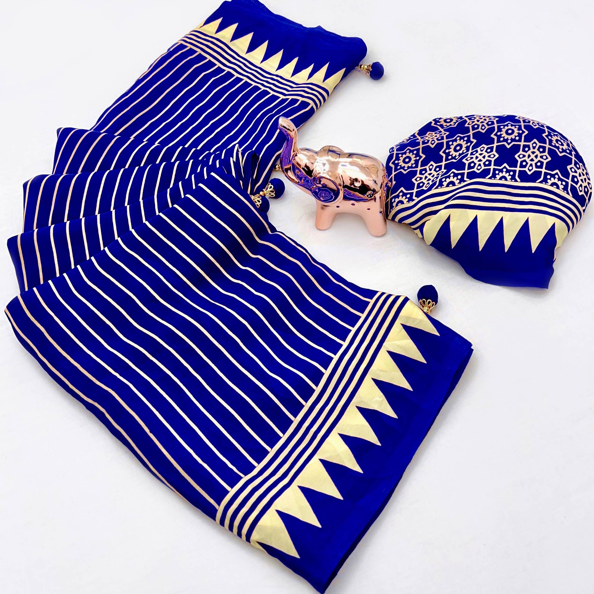 Blue Satin Saree with All-Over Striped Print Partywear Essential