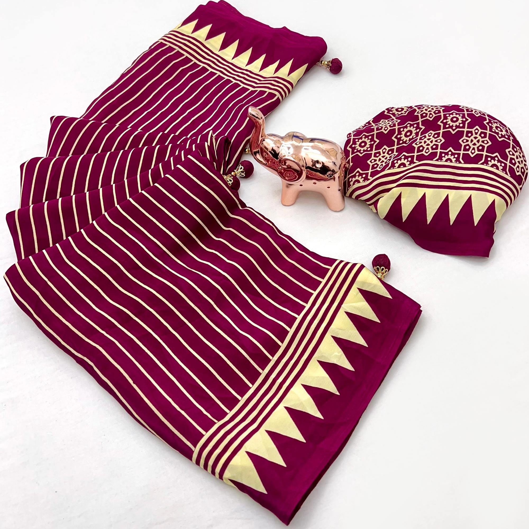 Magenta Satin Saree with All-Over Striped Print Partywear Essential