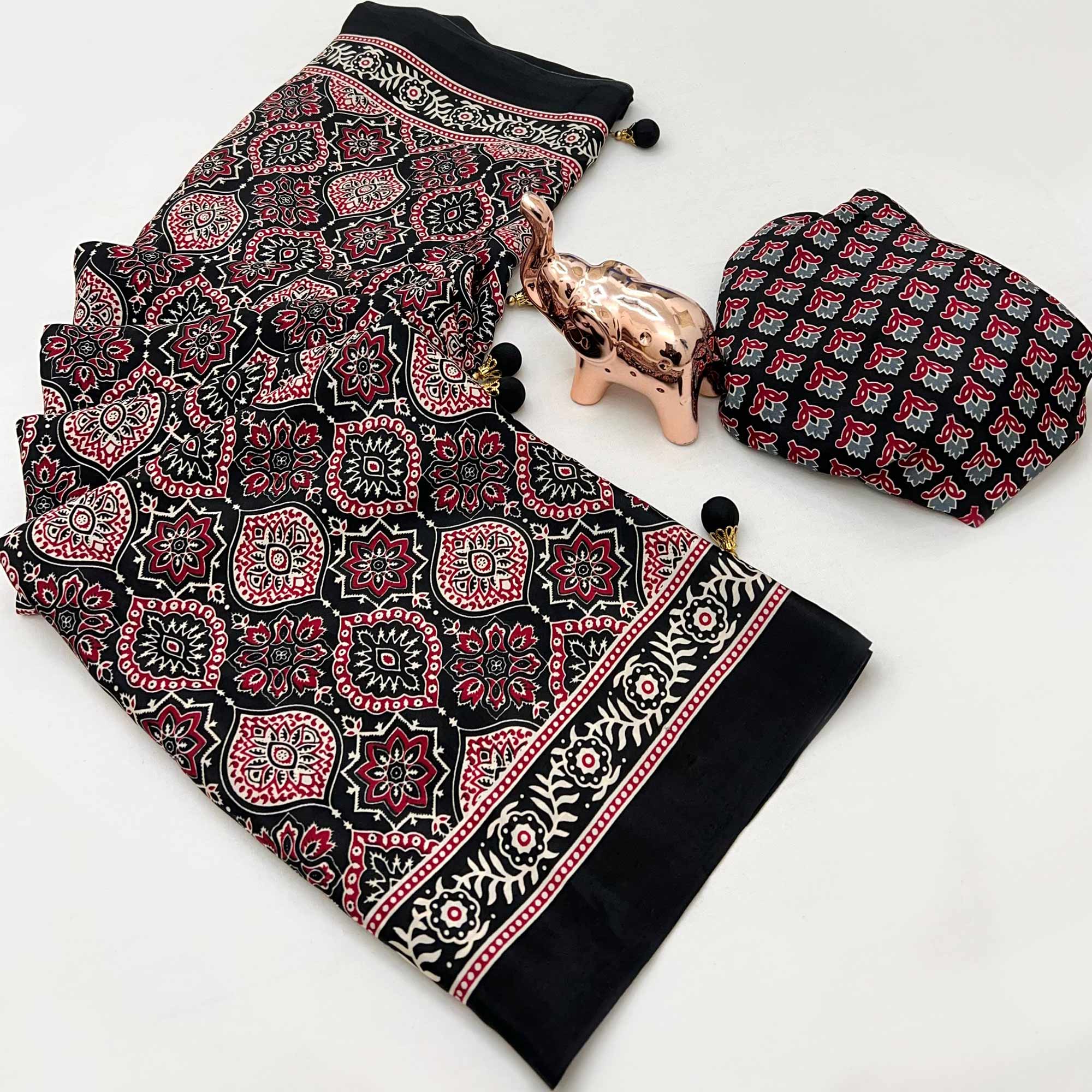 Black Beauty Pure Satin Saree with Ajrakh Print Detailing