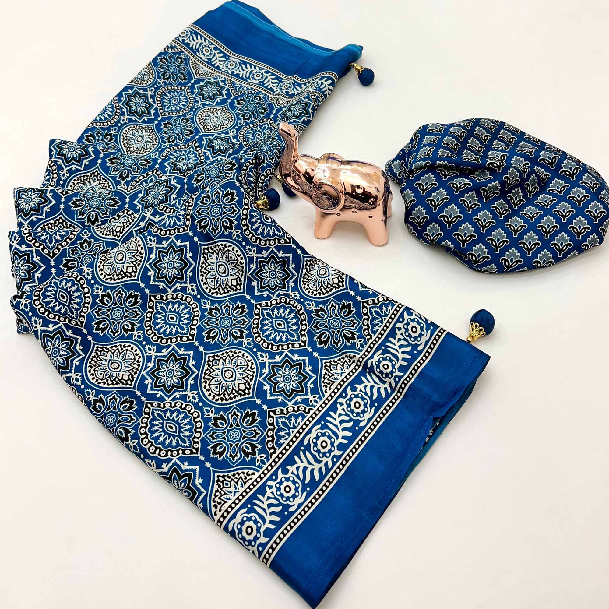 Teal Beauty Pure Satin Saree with Ajrakh Print Detailing