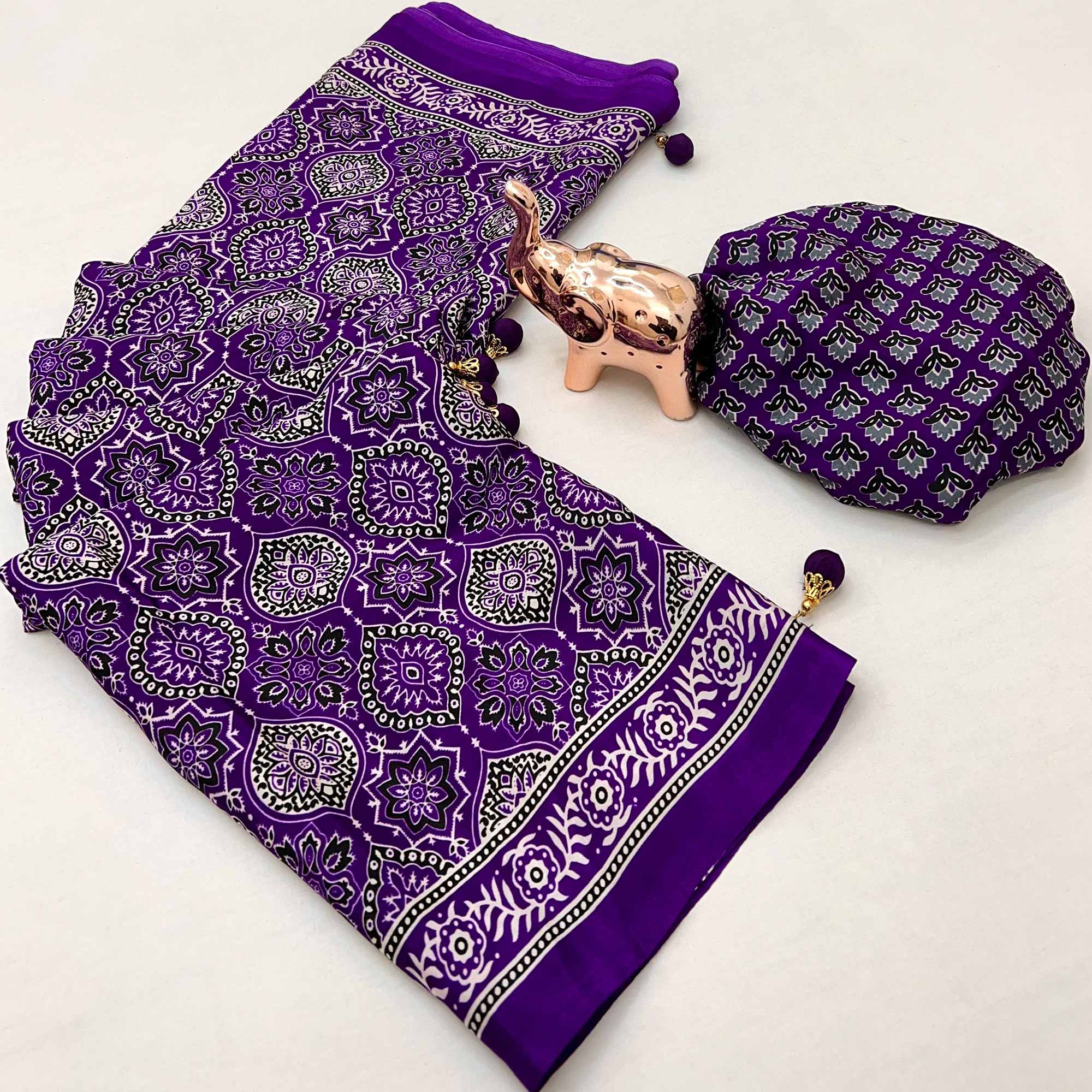 Violet Beauty Pure Satin Saree with Ajrakh Print Detailing