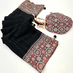 Black Satin Saree Showcasing Rich Ajrakh Printed Design & Tassel Finished Pallu